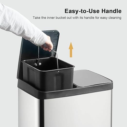 Dual Trash Can, 60 Liter/16 Gallon Dual Bin Trash Can with Lids, Kitchen Trash Can Dual Compartments, Trash and Recycling Bin Combo, Hands-Free Stainless Steel Kitchen Trash Can-DeskLoop Office