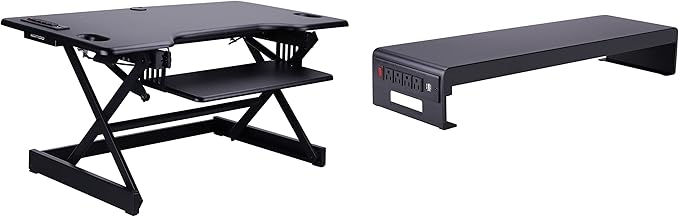 Rocelco 46" Standing Desk Converter with AC USB Charger and Dual Monitor Stand - Height Adjustable Three Screen Riser Computer Workstation - Sliding Keyboard Tray - Black (R DADRB-46-ACUSB-DM3)-DeskLoop Office
