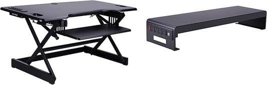 Rocelco 46" Standing Desk Converter with AC USB Charger and Dual Monitor Stand - Height Adjustable Three Screen Riser Computer Workstation - Sliding Keyboard Tray - Black (R DADRB-46-ACUSB-DM3)-DeskLoop Office