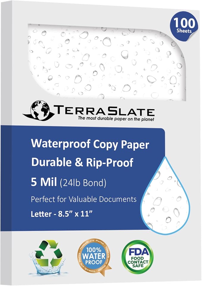 TerraSlate Premium Waterproof Paper, 5 MIL 8.5” x 11”, Laser Printer & Copy Machine Compatible, Durable & Rain/Weather-Proof Copy Paper, White Paper (100 Sheets)-DeskLoop Office