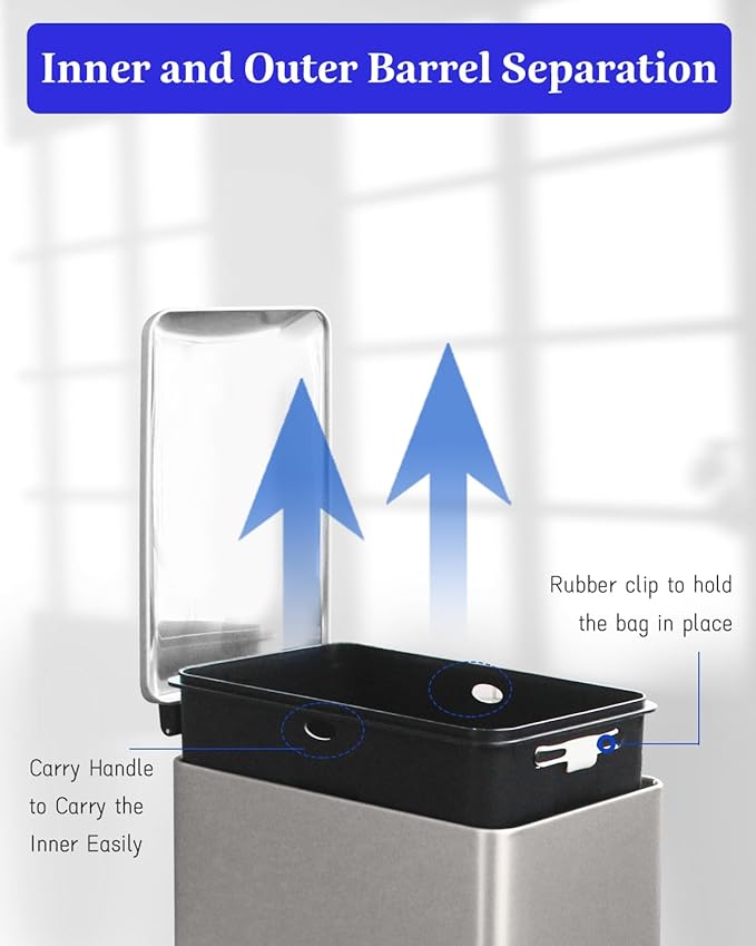 8 Gallon Slim Trash Can with Soft Close Lid, Stainless Steel Trash Can with Removal Inner Bucket, Hand -Free Trash Bin for Kitchen, Office, Laundry, Bathroom, 30 Liter Capacity, Grey-DeskLoop Office