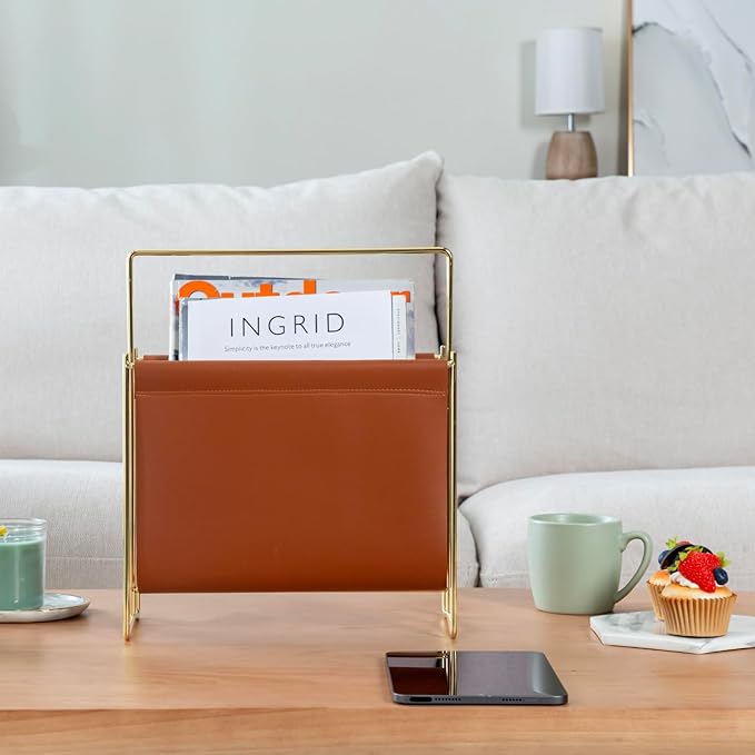 MyGift 13 inch Modern Caramel Leatherette Magazine Holder Floor Standing Sling Style Rack with Brass Tone Metal Frame-DeskLoop Office