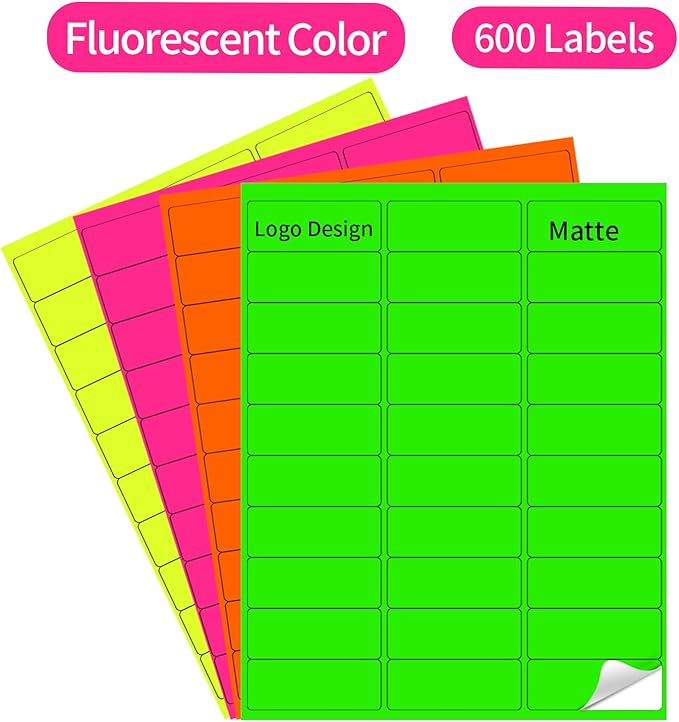 STARLIBOO 1" x 2-5/8" Neon Colored Labels Stickers Fluorescent Bright Neon Color Address Labels for Laser/Inkjet Printer, Permanent Adhesive- 600 Pcs/ 4Colors-DeskLoop Office
