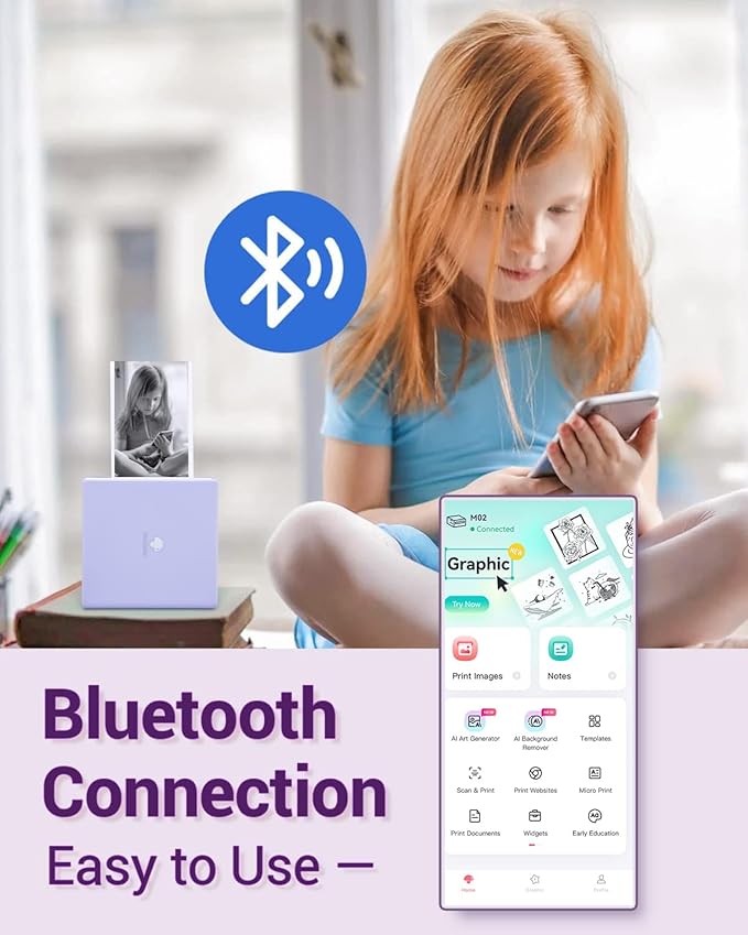 Phomemo Mini Sticker Printer- Mini Printer Sticker Maker Machine M02, Print Pods Suitable for Creative DIY, Diaries, Photos, Study Notes, Portable Thermal Inkless Label Maker for Home/Travel, Purple-DeskLoop Office