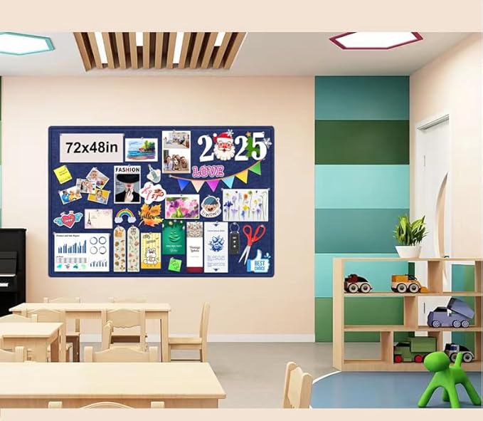 Large Bulletin Board, 72x48 Inches Cork Board Alternative, Large Felt Board Decorative Pin Board for Wall, Foldable Photo Board Self-Adhesive Vision Board with 36 Pushpins Dark Blue-DeskLoop Office