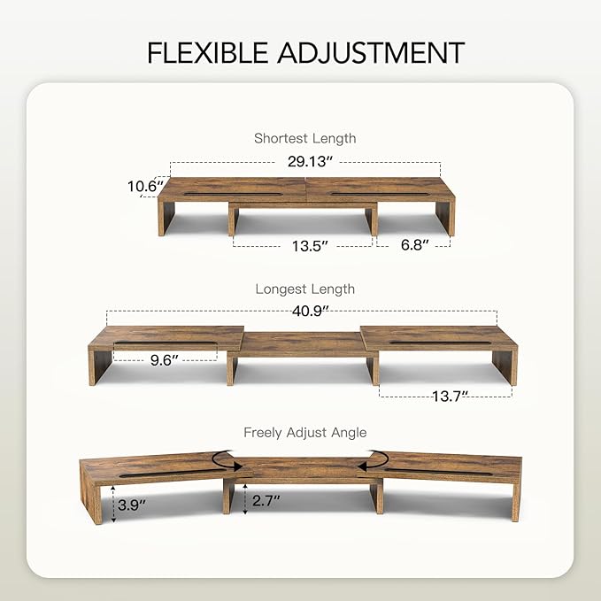 AMERIERGO Dual Monitor Stand Riser- 3 Shelf Screen Stand with Adjustable Length and Angle, 2 Extra Functional Slot Desktop Organizer Stand for PC, Computer, Laptop (Rustic Brown)-DeskLoop Office