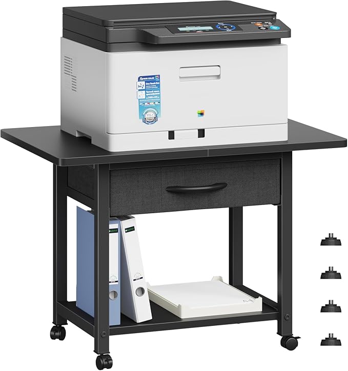 22"x15" Large Printer Stand with Storage Drawer, 2-Tier Under Desk Printer Table for Home Office, Printer Cart fit Fax Machine/3D Printer/Scanner(Black)-DeskLoop Office