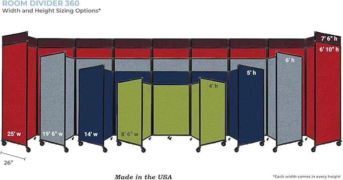 Versare Room Divider 360 Portable Wall Partition | Folding Panels | Large Freestanding Divider | Locking Wheels | Temporary Room Separator | 25' x 7'6'', Black