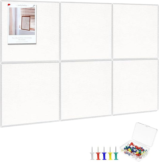 Large Cork Board 36" x 24", 6 Pack Felt Wall Tiles with Colored Pushpins, Bulletin Board with Removable Self-Adhesive Strips, Pin Board Cork Boards for Walls Office Home-White-DeskLoop Office