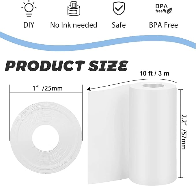 10 Rolls Self-Adhesive Thermal Paper, Glossy Thermal Printer Paper for Mini Portable Printer, 57 x 25mm, Thermal Labels for Most Pocket Printer
