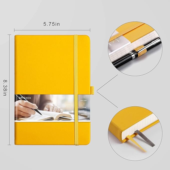 EMSHOI Graph Paper Notebook - 256 Pages A5 Graph Notebook/Journal, Square Grid Notebooks for Work, 120gsm Thick Paper, Executive Hardcover Leather, Inner Pocket, Pen Loop 5.75'' × 8.38''-Yellow-DeskLoop Office