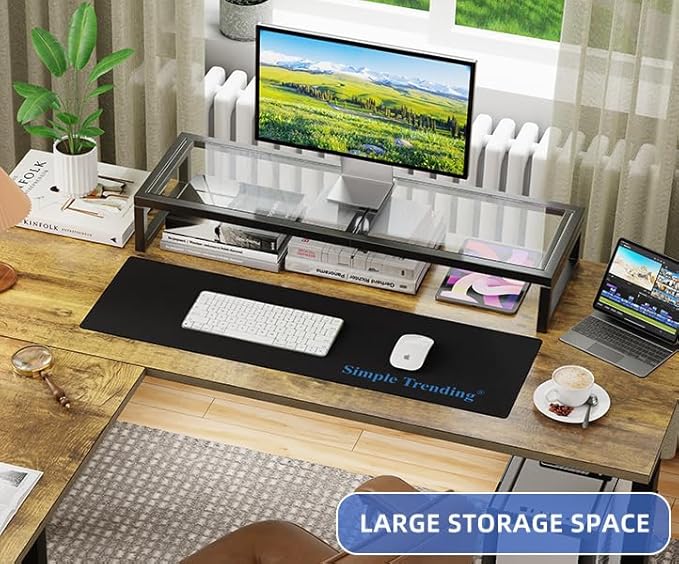 Simple Trending Dual Monitor Stand Riser, Tempered Glass Computer Desk Organizer with Mouse Pad for Laptop, iMac, TV, Black-DeskLoop Office