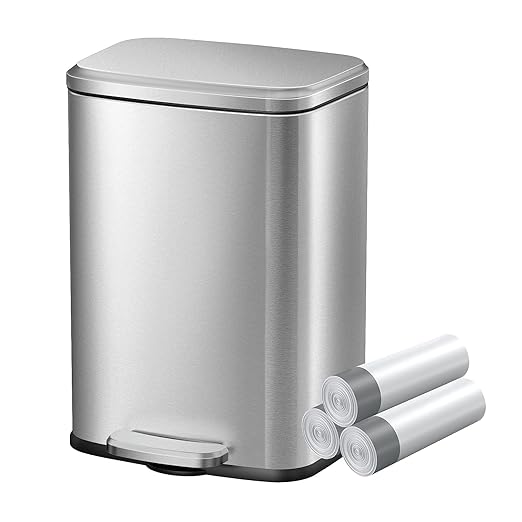 KUK 1.6 Gallon Small Bathroom Trash Can with Lid, 6L/1.6 Gal Office Step Garbage Can for Home, Bathroom, Bedroom, Office, Brushed Stainless Steel-DeskLoop Office