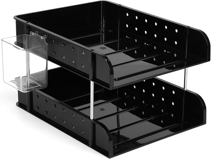 Stackable Letter Tray Papers Organizers, A4 Size Desk Organizer Tray for Letter Paper Stationery Desk Accessories, Plastic Black Paper Holder File Organizer for Office, School, Home (Dark Black)-DeskLoop Office