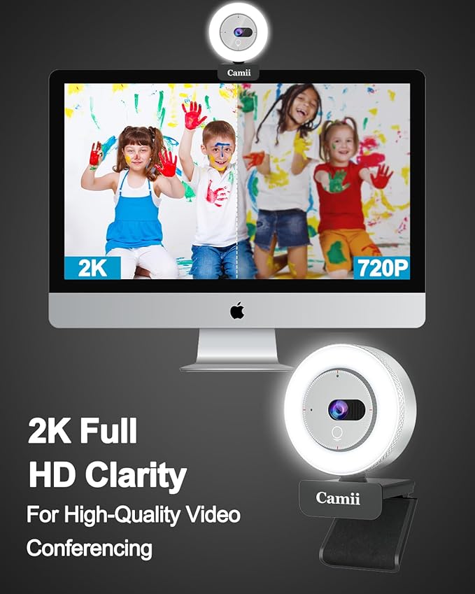 2K Webcam with Light, HD Webcam for PC with Built-in Privacy Cover, Adjustable Brightness, Noise Reduction Mics, for Zoom Skype Teams Laptop and Google Meet-DeskLoop Office