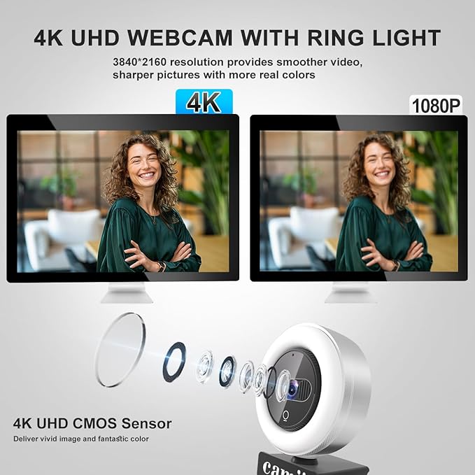 4K Webcam with Light, HD Webcam for PC with Remote Control, Built-in Privacy Cover, Adjustable Brightness, Noise Reduction Mics, for Zoom Skype Teams Laptop and Google Meet-DeskLoop Office