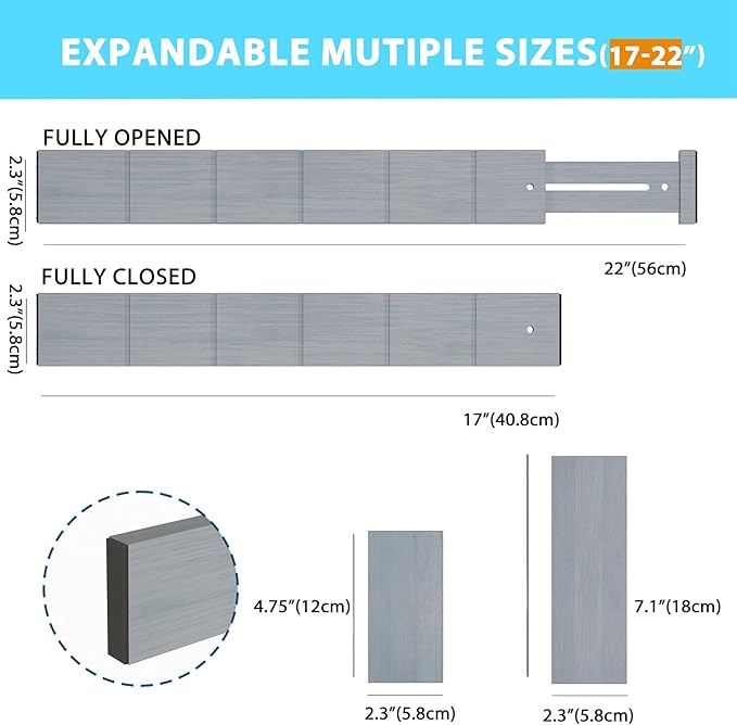 6 Pack Bamboo Drawer Dividers with 12 Inserts, Expandable Adjustable Clothes Drawer Organizers and Storage from 17" to 22" for Kitchen, Bedroom, Dresser, Cosmetics (Gray)-DeskLoop Office