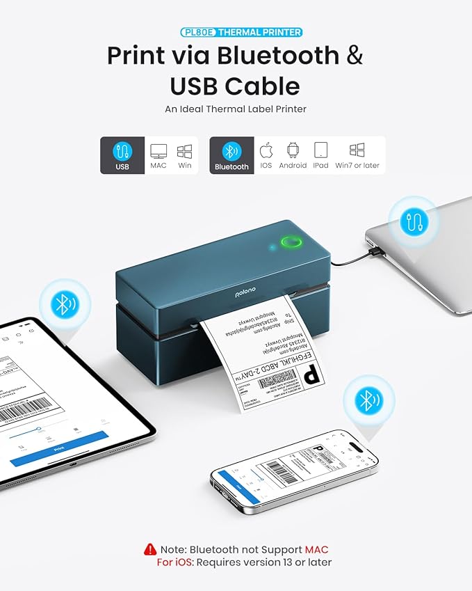 POLONO Bluetooth Thermal Shipping Label Printer, Wireless 4x6 Shipping Label Printer for Small Business, Support iOS, Android, Windows and Mac, Compatible with Amazon, Ebay, Shopify, 1 Pack (Blue)-DeskLoop Office