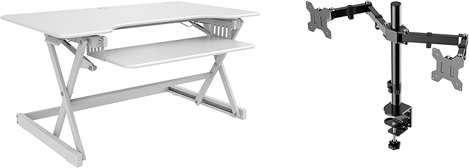 Rocelco 40" Large Height Adjustable Standing Desk Converter with Dual Monitor Mount BUNDLE - Quick Sit Stand Up Computer Workstation Riser - Retractable Keyboard Tray - White (R DADRW-40-DM2)-DeskLoop Office