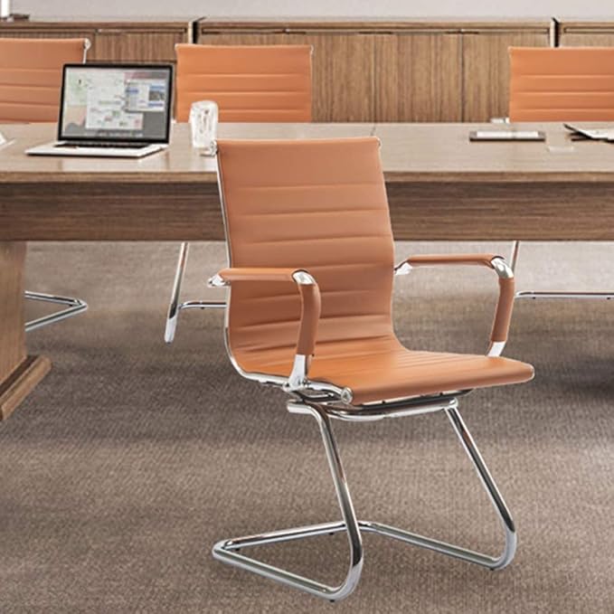Office Desk Chair Set of 8,No Wheels PU Leather Computer Chairs Mid Back Guest Chairs with Seld Base for School/Reception/Conference/Waiting Room,Terracotta-DeskLoop Office
