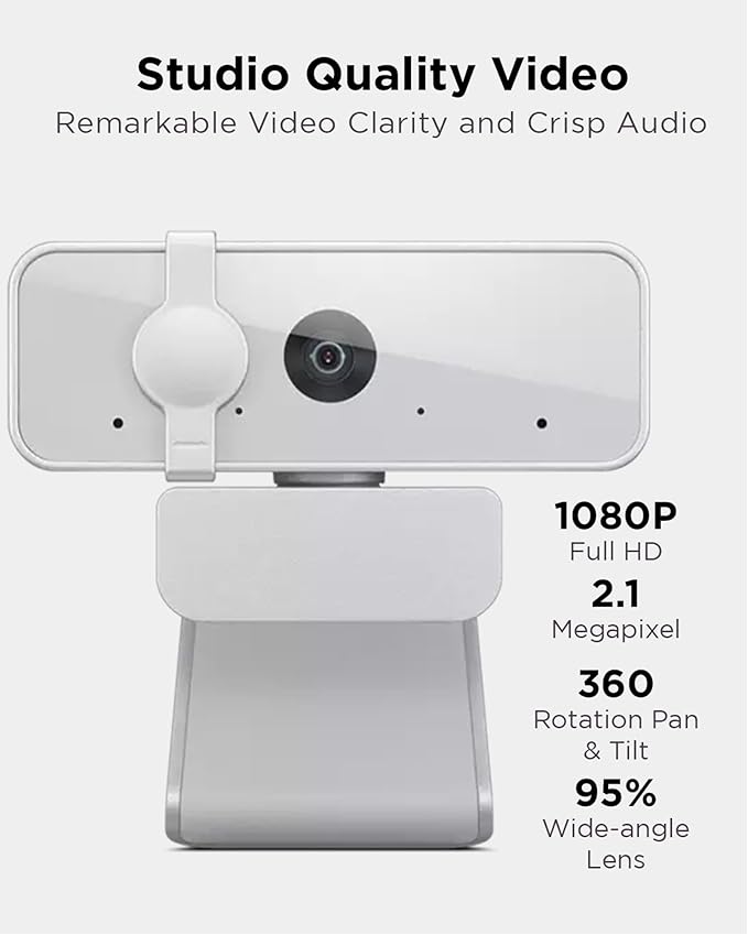 Lenovo HD 1080p Webcam (300 FHD) - Monitor Camera with 95° Wide Angle, 360° Rotation Pan & Tilt, Dual Microphones – Attachable Desktop Cam with Privacy Shutter for Remote Work, Streaming & Gaming-DeskLoop Office