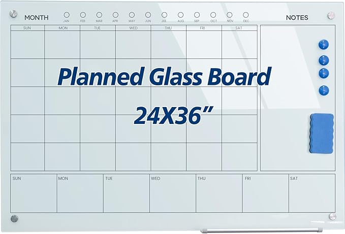 Magnetic Glass Whiteboard 36X24 Monthly Planner Calendar Dry Erase Board for Home, School, Office, Frameless, with Markers, Marker Tray, Eraser, Magnets (White)-DeskLoop Office