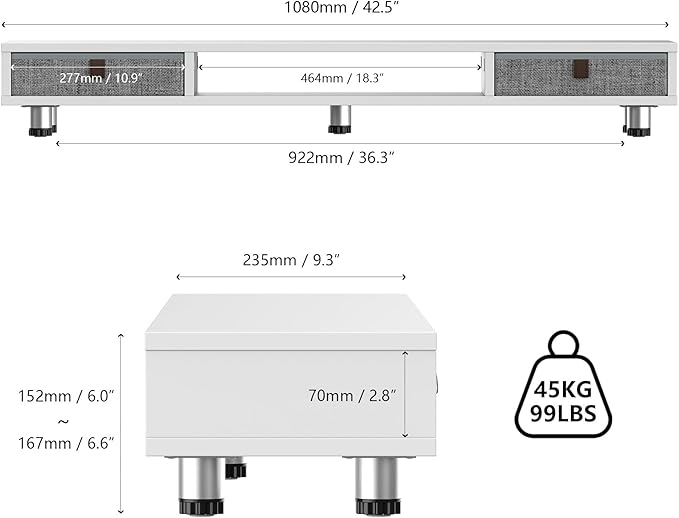 Fenge Dual Monitor Stand with 2 Drawers, 42.5 Inches Large Computer Riser for Desk, Adjustable Height Desk Shelf with Storage for Laptop, PC, TV, Printer-DeskLoop Office