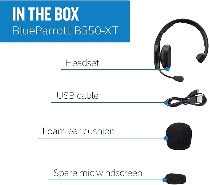 BlueParrott B550-XT Mono Bluetooth Wireless Headphones 96% Noise Canceling Over Head Trucker Headset with Mic, 100% Voice Control, IP54-Rated Protection, 24 hrs. Talk Time, Black-DeskLoop Office