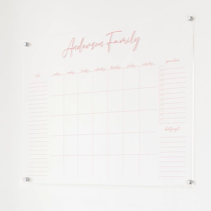 Personalized Clear Acrylic Calendar for Wall, Calendar Whiteboard for Wall, Dry Erase Wall Calendar, Wall Calendar Organizer System for Home (Cursive, Blush, 38"W x 26"H)-DeskLoop Office
