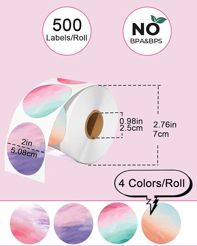 2 inch Round Thermal Labels - Direct Thermal Stickers, 500 Labels for Printer, 4 Colors-DeskLoop Office