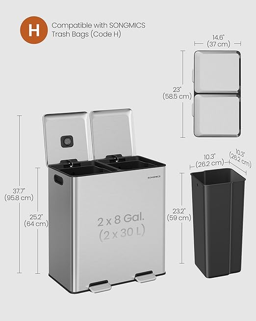 SONGMICS Trash Can, 2 x 8 Gallon (2 x 30 L) Double Garbage Can with Soft-Close Lids, Removable Inner Buckets, Pedals, Stainless Steel, for Waste and Recycling, Metallic Silver ULTB743E01-DeskLoop Office