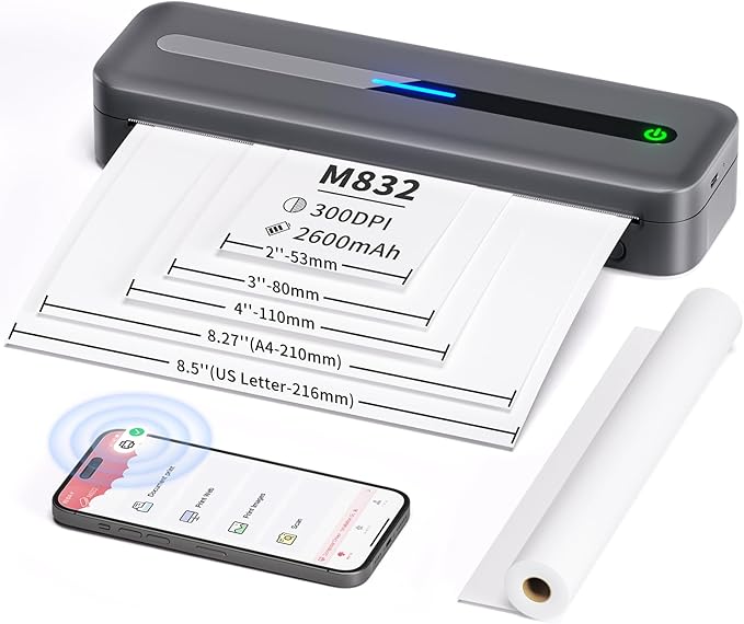 COLORWING Portable Printers Wireless for Travel, 300DPI Mini Compact Inkless Printer, Thermal Bluetooth Printer Compatible with Android and iOS Smartphone & Tablet & Laptop - Gray-DeskLoop Office