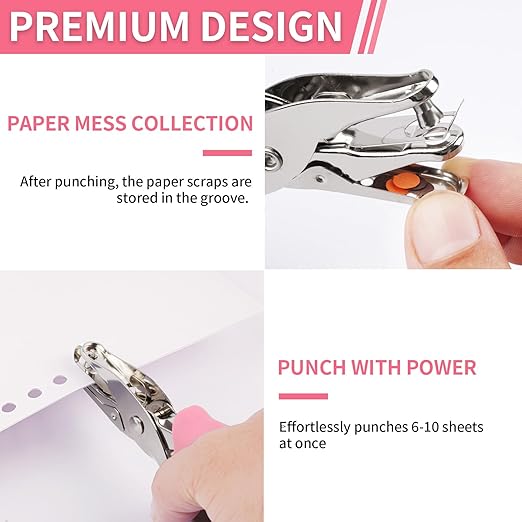 Single Hole Punch, 2 Pcs Hand Hole Puncher with Soft Grip Handle, 1/4" and 1/8" Small Hole Paper Punch for Crafts, Scrapbooks, 6 Sheets Capacity, Tags, Tickets - Pink-DeskLoop Office