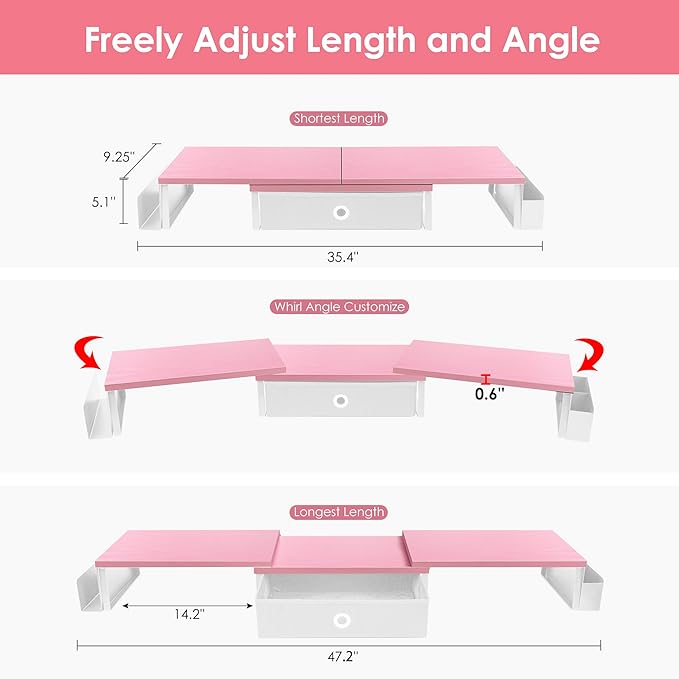 Dual Monitor Stand Riser With Drawer & Metal Leg, Large Desk Shelf For 2 Monitors w/ Adjustable Length & Angle, Desktop Organizer For Laptop/TV/Printer-DeskLoop Office