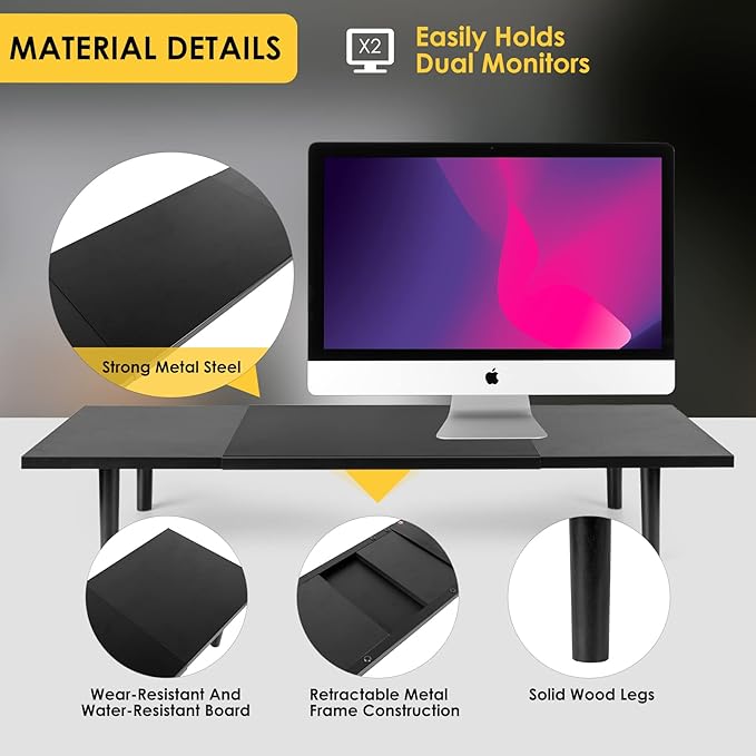 Dual-Monitor-Stand-Riser-For-Desk Adjustable Length 32-40 Inch,Large Desktop Computer Monitor Riser For 2 Screens,Desk Shelf Organizer Riser Stand For Computer/Laptop/PC/Printer/TV Black-DeskLoop Office