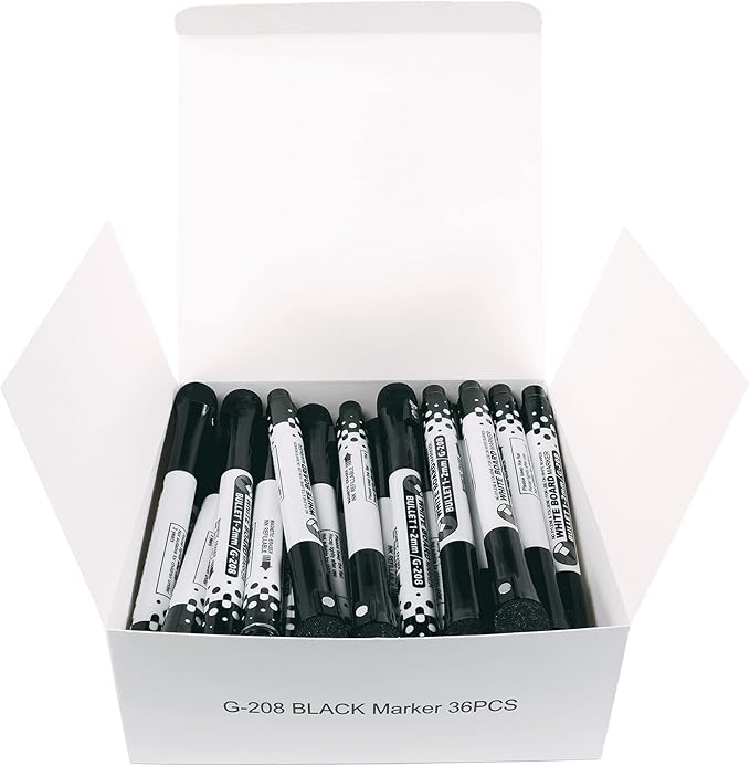 Glassboard Studio Black Fine Tip Dry Erase Markers Bulk 36-Pack with Magnetic Eraser Cap and Low Odor Ink for White Boards at School, Work, or Home-DeskLoop Office