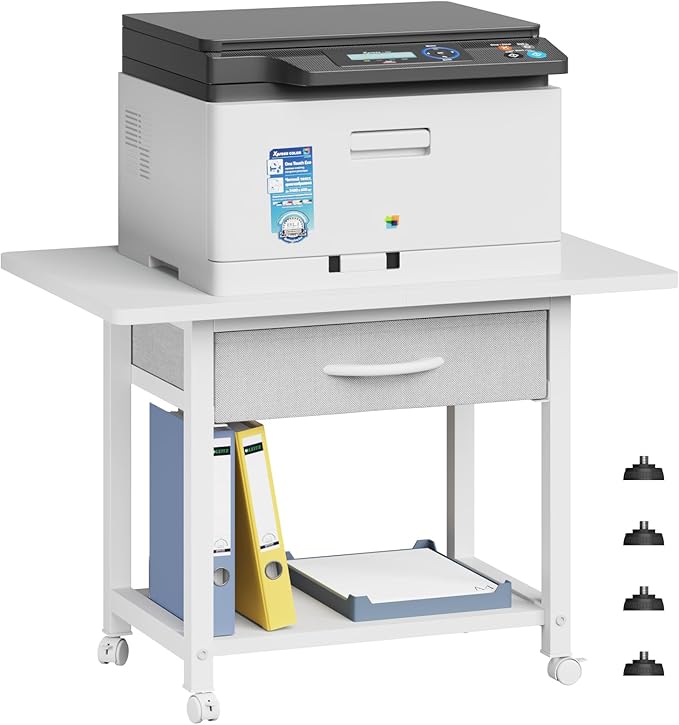 22"x15" Large Printer Stand with Storage Drawer, 2-Tier Under Desk Table for Home Office, Fits Fax Machine/3D Printer/Scanner (White)-DeskLoop Office
