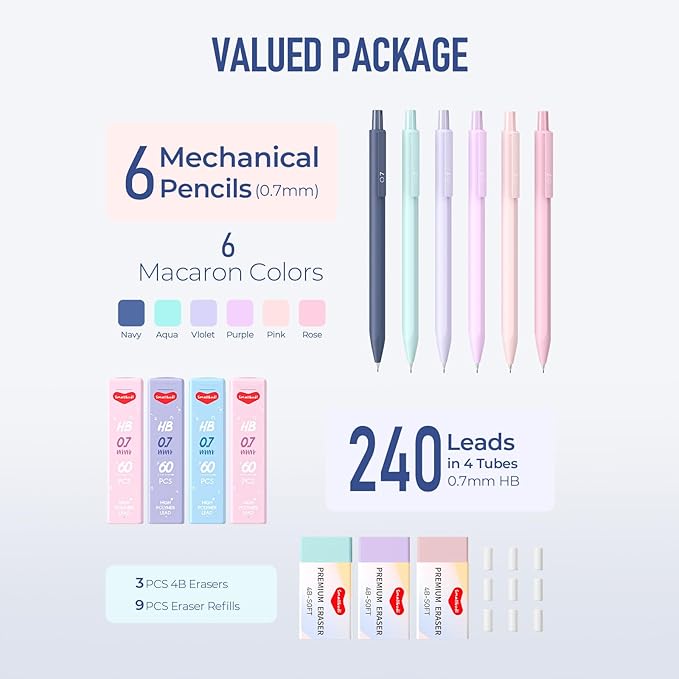 6PCS 0.7mm Mechanical Pencils Set with Case, Cute Pastel Mechanical Pencil with 240PCS HB Lead Refills, 3 Erasers, Aesthetic Back to School Supplies for Student Writing Drawing Sketching-DeskLoop Office