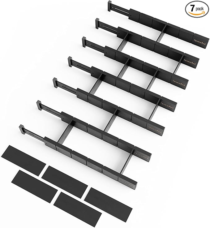 SpaceAid Bamboo Drawer Dividers with Inserts and Labels, Kitchen Adjustable Drawer Organizers, Expandable Organization for Home, Office, Dressers, 7 Dividers with 15 Inserts (17"-22" Black)-DeskLoop Office