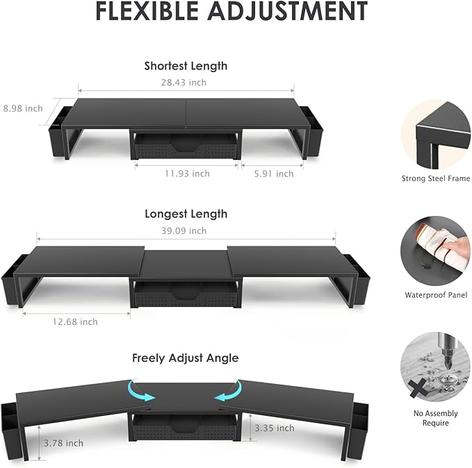Desk Organizers and Accessories, Dual Monitor Stand Riser with Drawer and 2 Pen Holders, Desk Shelf Metal Computer Monitor Stand for Office Workspace Organizers, Desktop Organization (Black)-DeskLoop Office