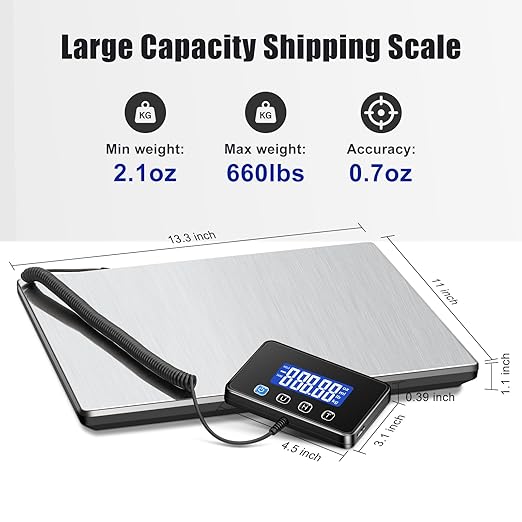 Shipping Scale, 660lbs Heavy Duty Digital Postal Scale for Packages, 0.35oz High Accurate Postage Scale for Small Business, Luggage, Home Use, Battery & Charging Cable Include-DeskLoop Office