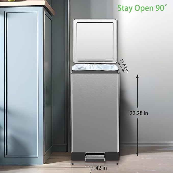 Trash Can with Lid - 30 Liter/8 Gallon Square Stainless Steel Trash Can with Odor Protection Kitchen Garbage Cans with Soft-Close Foot Pedal Step Bin for Bathroom Home Office Silver-DeskLoop Office