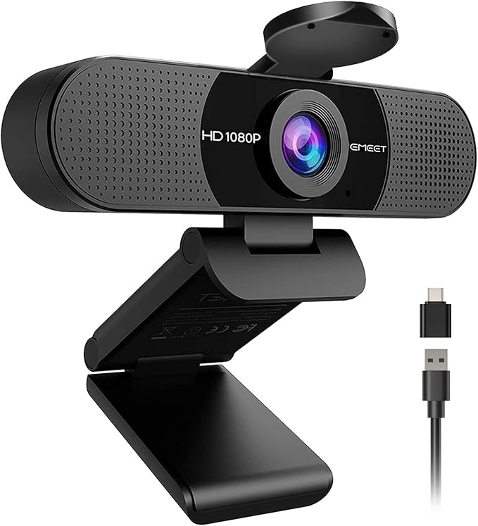 EMEET 1080P Webcam with Microphone, C960 Web Cam, 2 Mics, 90° FOV, USB Type-A & A-to-C Adapter, Plug&Play Computer Camera for Online Calling, Zoom/Teams/Facetime, Switch 2 Camera Support, 2025 Version-DeskLoop Office