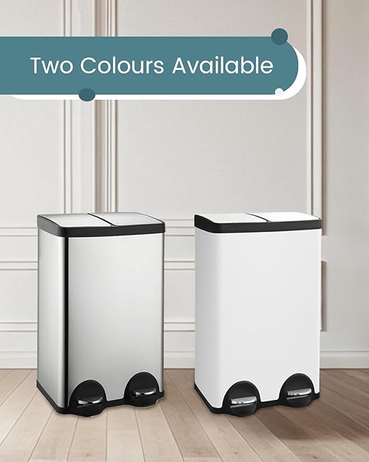 60L Dual Compartment Stainless Steel Trash Can, 16 Gallon White Kitchen Garbage Bin with Silent Sealed Lids, Pedal & Recyclable Waste Bins for Home/Office-DeskLoop Office