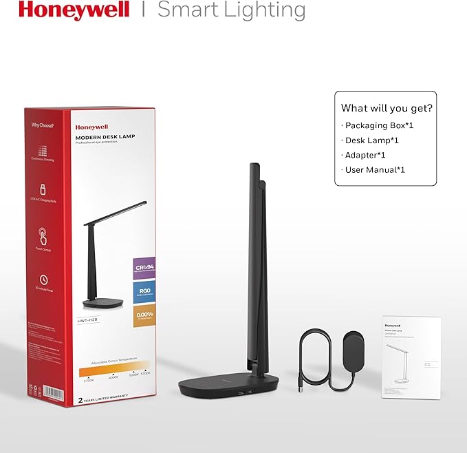 HONEYWELL LED Desk Lamp - HWT-H2 Sunturalux™ Eye-Caring Foldable Desk Light with USB A+C Dual Charging Port 4 Color Modes Dimmable Table Lamp for Home Office Bedroom Reading Study Work - Black-DeskLoop Office