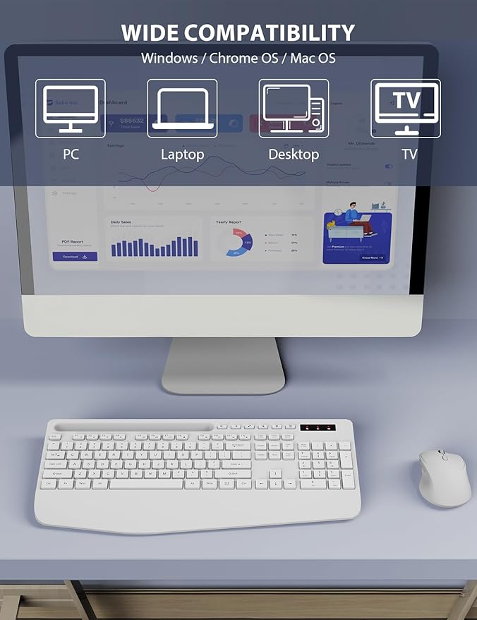 Wireless Keyboard and Mouse Combo - Full-Sized Ergonomic Keyboard with Wrist Rest, Phone Holder, Sleep Mode, Silent 2.4GHz Cordless Keyboard Mouse Combo for Computer, Laptop, PC, Mac, Windows,White-DeskLoop Office