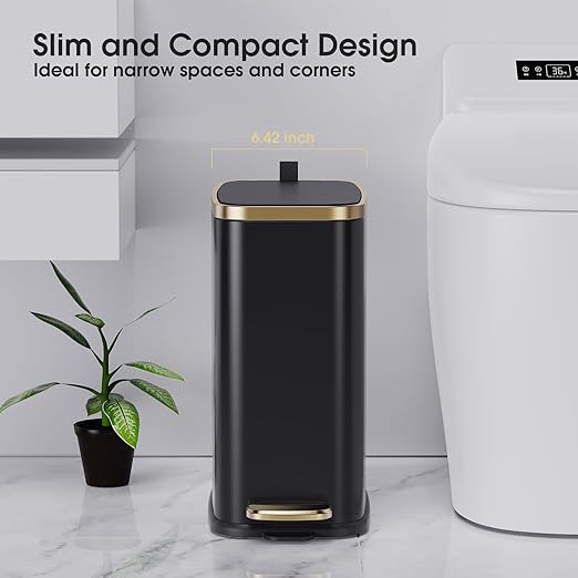 CEROELDA Small Bathroom Trash Can with Lid Soft Close-5L/1.3 Gal Slim Garbage Can-Metal Step Wastebasket-Rectangle Narrow Waste Bin for Office, Bedroom, Toilet, Live Room-Black-DeskLoop Office