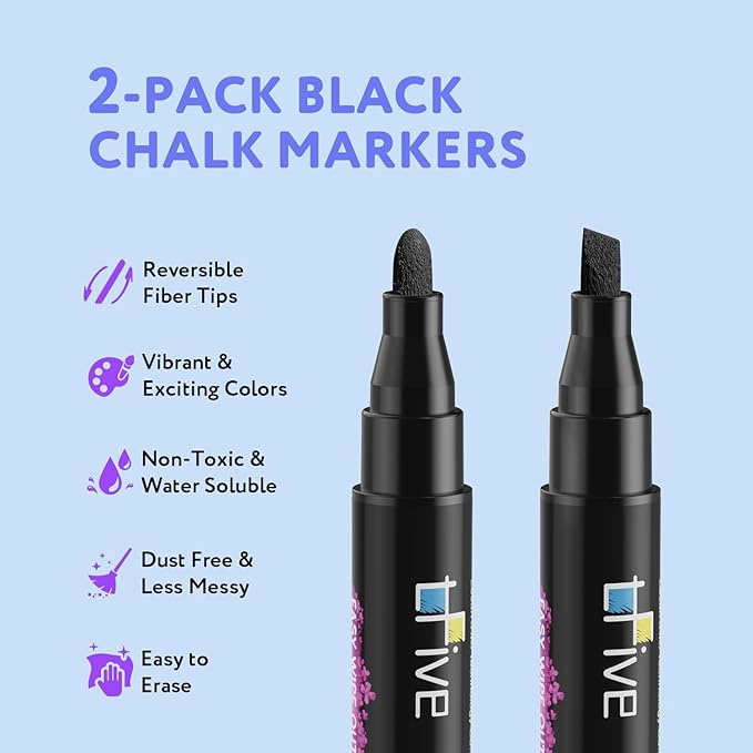 TFIVE Black Liquid Chalk Markers - 2 Pack Bright Colors Erasable Chalk Marker Pens, Reversible Tip, Non-Toxic, for Chalkboards, Signs, Glass, Easy to use Chalk markers TF800-DeskLoop Office