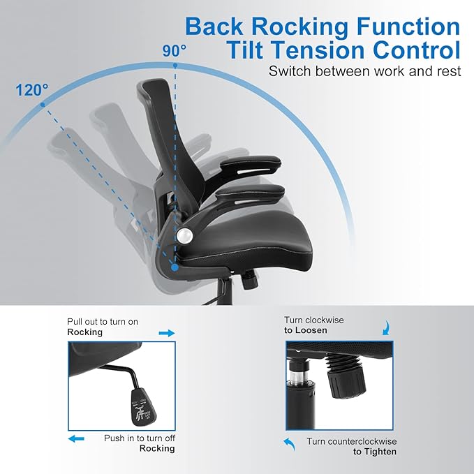 Office Chair Ergonomic Desk Chair, Computer PU Leather Home Office Chair, Swivel Mesh Back Adjustable Lumbar Support Flip-up Arms Executive Task Chair-DeskLoop Office