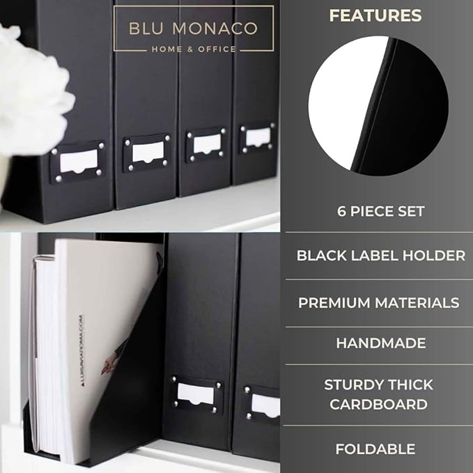 Blu Monaco Foldable Black Magazine File Holder with Leather Label Holder - Set of 6 Cardboard Magazine File Boxes Desk File Organizer-DeskLoop Office